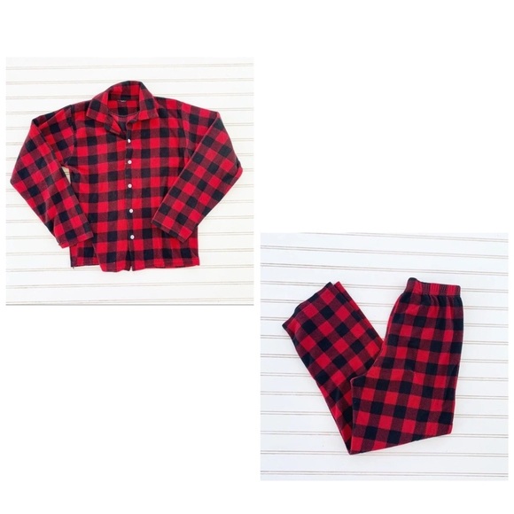 Red and Black Buffalo Plaid Pajama Set with Button-Up Top - Picture 1 of 5